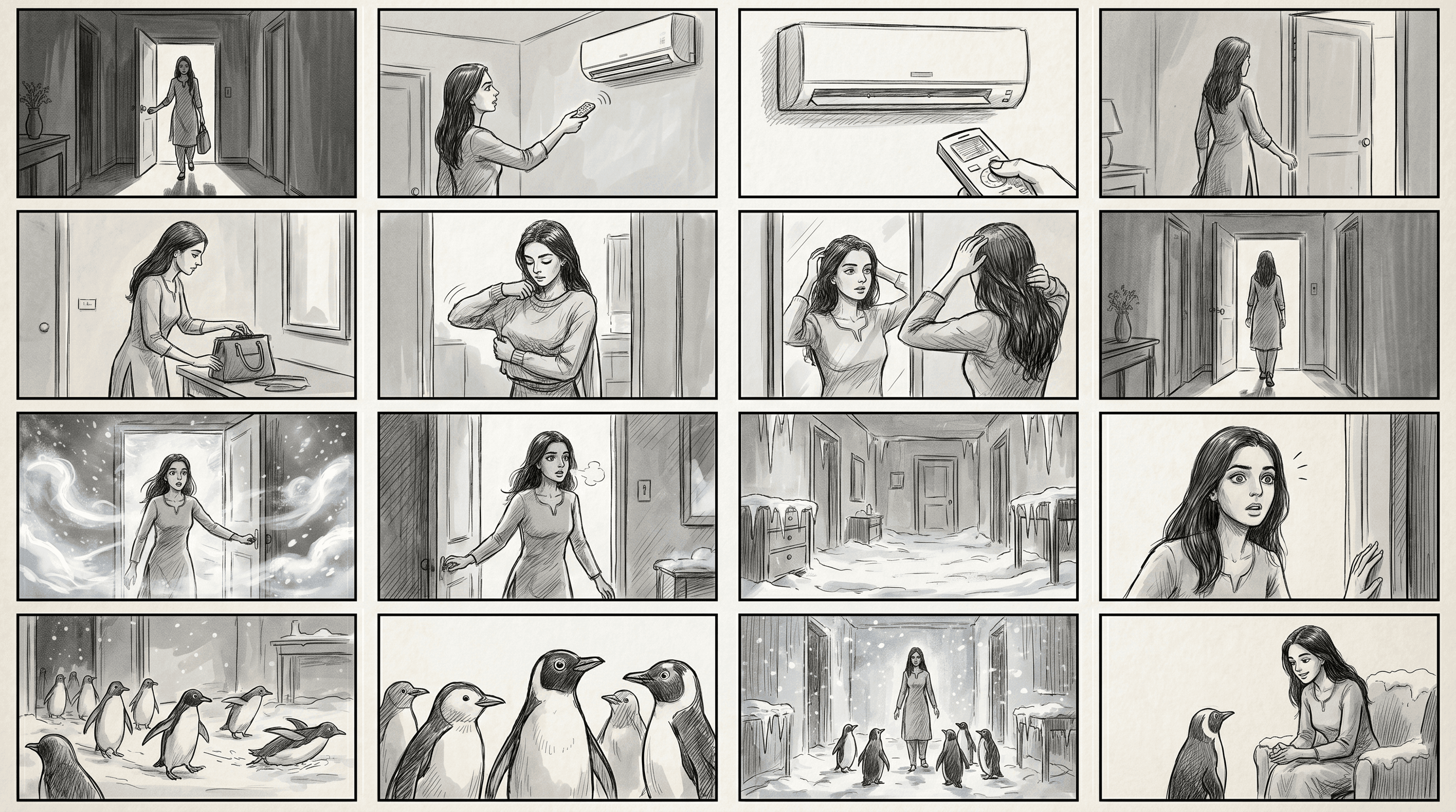 Hand drawn storyboard: sixteen panels from a quiet room to a snow filled hallway with penguins